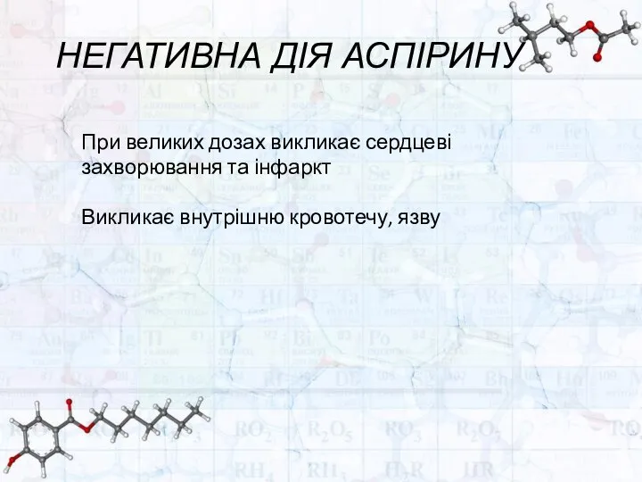 НЕГАТИВНА ДІЯ АСПІРИНУ При великих дозах викликає сердцеві захворювання та інфаркт Викликає внутрішню кровотечу, язву