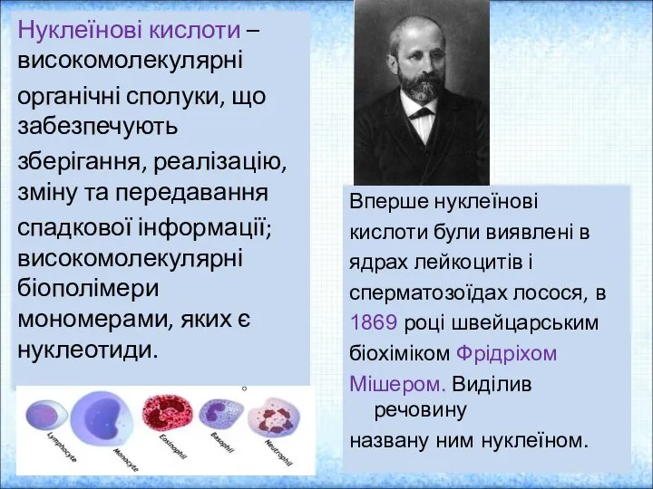 Нуклеїнові кислоти – високомолекулярні органічні сполуки, що забезпечують зберігання, реалізацію, зміну