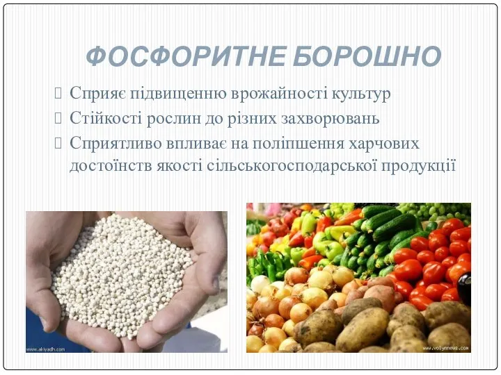 ФОСФОРИТНЕ БОРОШНО Сприяє підвищенню врожайності культур Стійкості рослин до різних захворювань