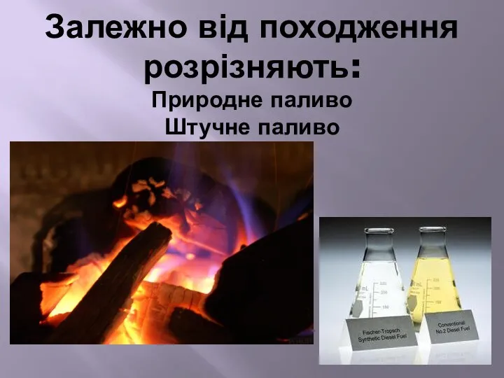 Залежно від походження розрізняють: Природне паливо Штучне паливо