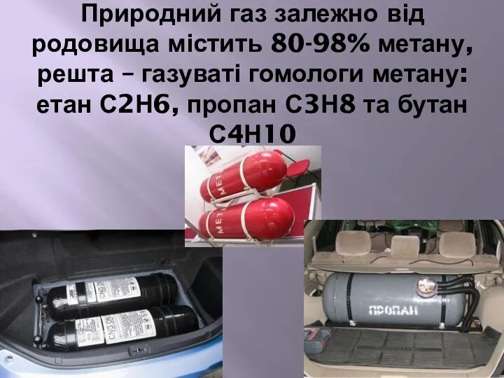 Природний газ залежно від родовища містить 80-98% метану, решта – газуваті