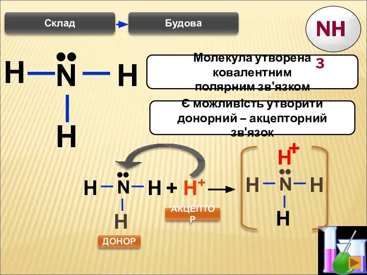 H Будова N H H •• Є можливість утворити донорний –