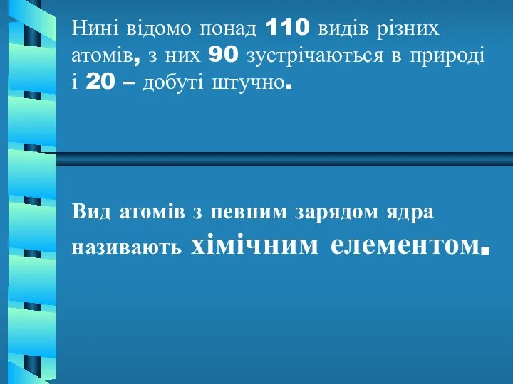 Нині відомо понад 110 видів різних атомів, з них 90 зустрічаються