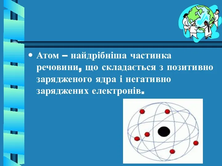 Атом – найдрібніша частинка речовини, що складається з позитивно зарядженого ядра і негативно заряджених електронів.