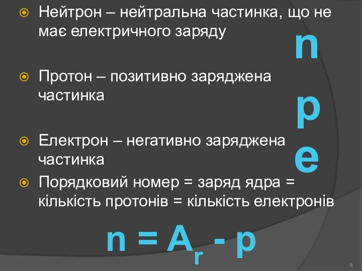 Нейтрон – нейтральна частинка, що не має електричного заряду Протон –