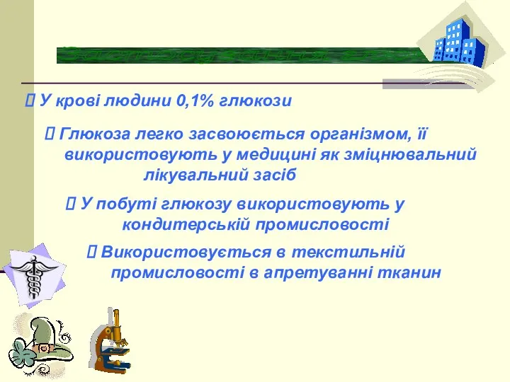 Застосування глюкози У крові людини 0,1% глюкози Глюкоза легко засвоюється організмом,