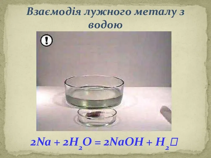 Взаємодія лужного металу з водою 2Na + 2H2O = 2NaOH + H2