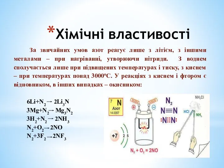 Хімічні властивості За звичайних умов азот реагує лише з літієм, з