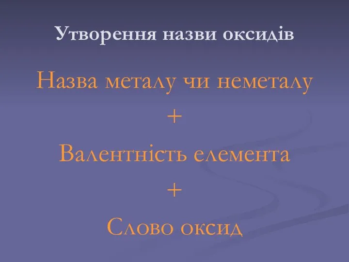 Утворення назви оксидів Назва металу чи неметалу + Валентність елемента + Слово оксид