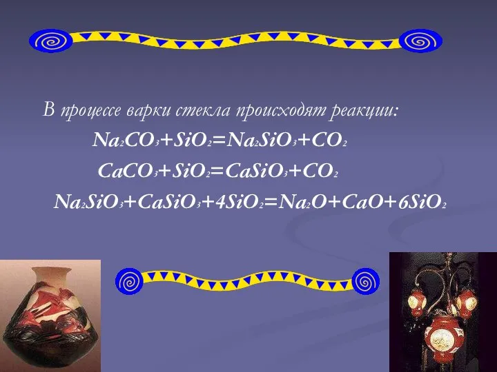 В процессе варки стекла происходят реакции: Na2CO3+SiO2=Na2SiO3+CO2 CaCO3+SiO2=CaSiO3+CO2 Na2SiO3+CaSiO3+4SiO2=Na2O+CaO+6SiO2