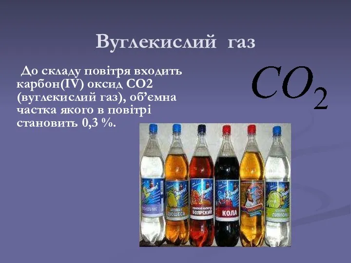 Вуглекислий газ До складу повітря входить карбон(IV) оксид СО2 (вуглекислий газ),