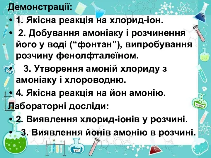 Демонстрації: 1. Якісна реакція на хлорид-іон. 2. Добування амоніаку і розчинення