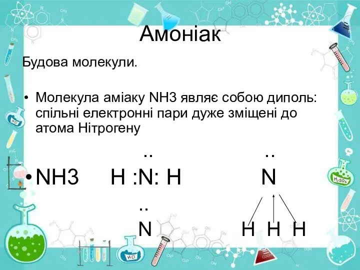 Амоніак Будова молекули. Молекула аміаку NH3 являє собою диполь: спільні електронні