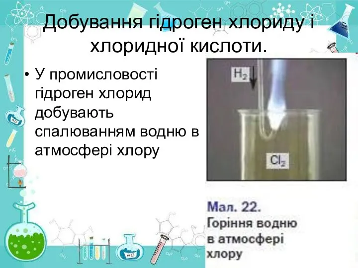 Добування гідроген хлориду і хлоридної кислоти. У промисловості гідроген хлорид добувають спалюванням водню в атмосфері хлору