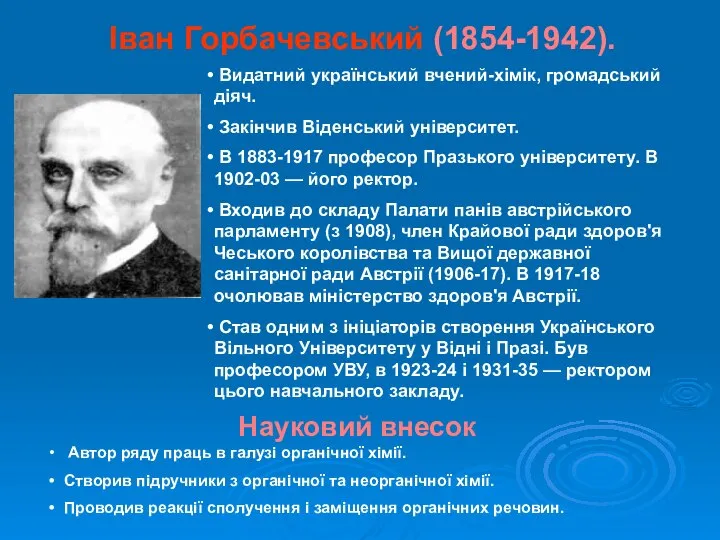 Іван Горбачевський (1854-1942). Видатний український вчений-хімік, громадський діяч. Закінчив Віденський університет.