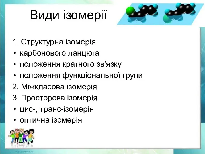 Види ізомерії 1. Структурна ізомерія карбонового ланцюга положення кратного зв'язку положення