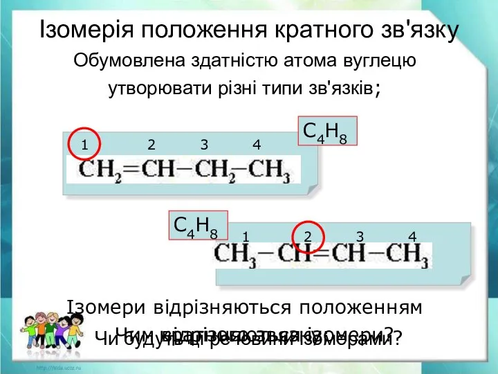 Обумовлена ​​здатністю атома вуглецю утворювати різні типи зв'язків; Ізомерія положення кратного