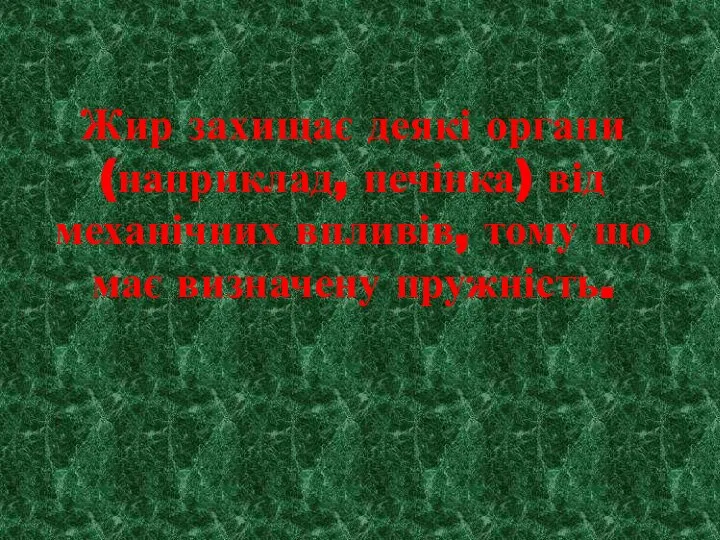 Жир захищає деякі органи (наприклад, печінка) від механічних впливів, тому що має визначену пружність.