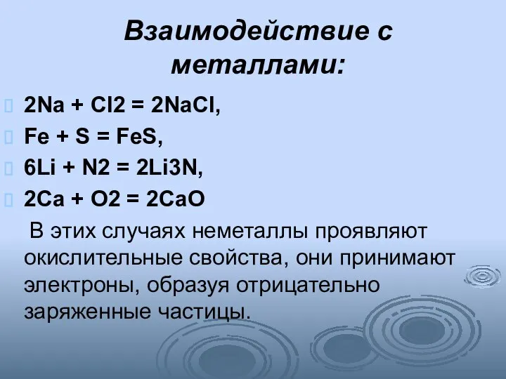 Взаимодействие с металлами: 2Na + Cl2 = 2NaCl, Fe + S