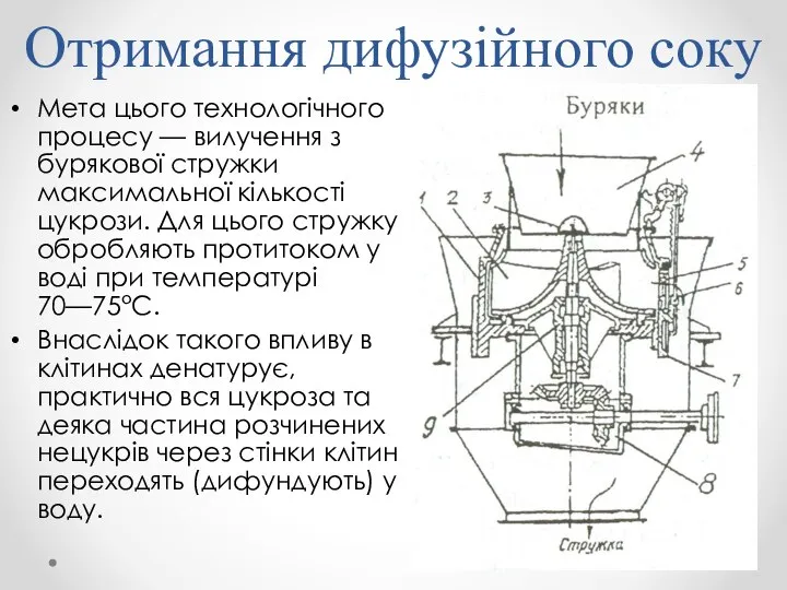 Отримання дифузійного соку Мета цього технологічного процесу — вилучення з бурякової