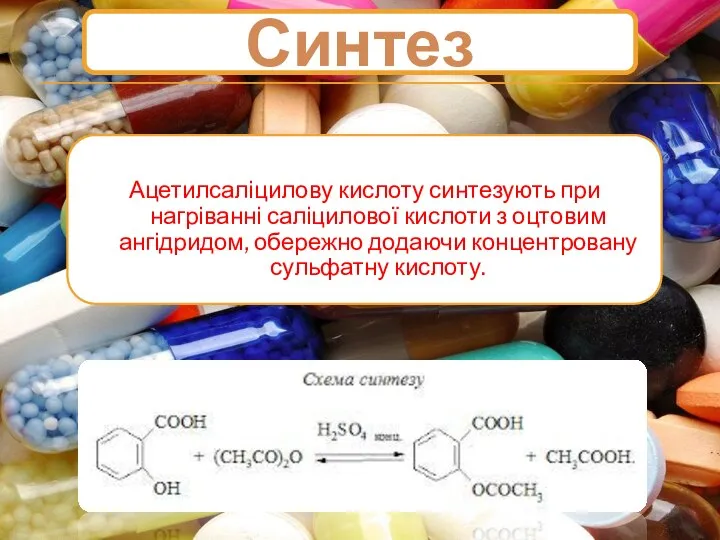 Ацетилсаліцилову кислоту синтезують при нагріванні саліцилової кислоти з оцтовим ангідридом, обережно додаючи концентровану сульфатну кислоту. Синтез