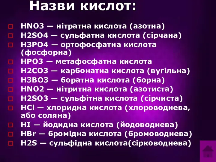 Назви кислот: Назви кислот: HNO3 — нітратна кислота (азотна) Н2SO4 —