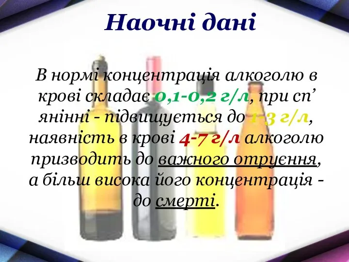 В нормі концентрація алкоголю в крові складає 0,1-0,2 г/л, при сп’янінні