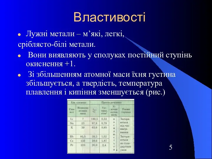 Властивості Лужні метали – м’які, легкі, сріблясто-білі метали. Вони виявляють у