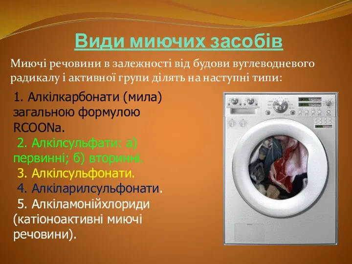 Види миючих засобів Миючі речовини в залежності від будови вуглеводневого радикалу