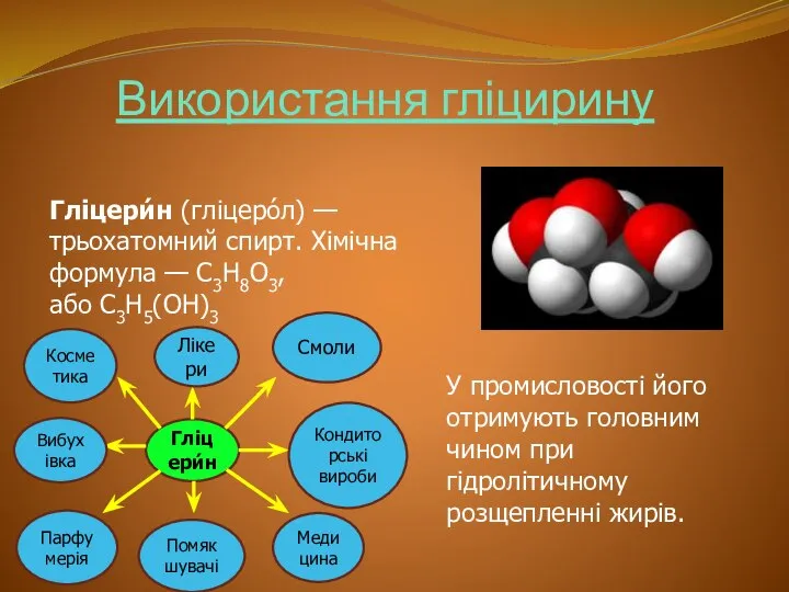 Використання гліцирину Гліцери́н (гліцеро́л) — трьохатомний спирт. Хімічна формула — C3H8O3,