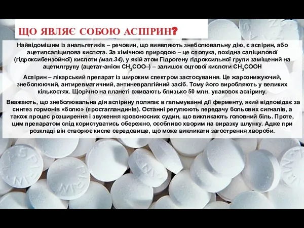 Що являє собою аспірин? Найвідомішим із анальгетиків – речовин, що виявляють