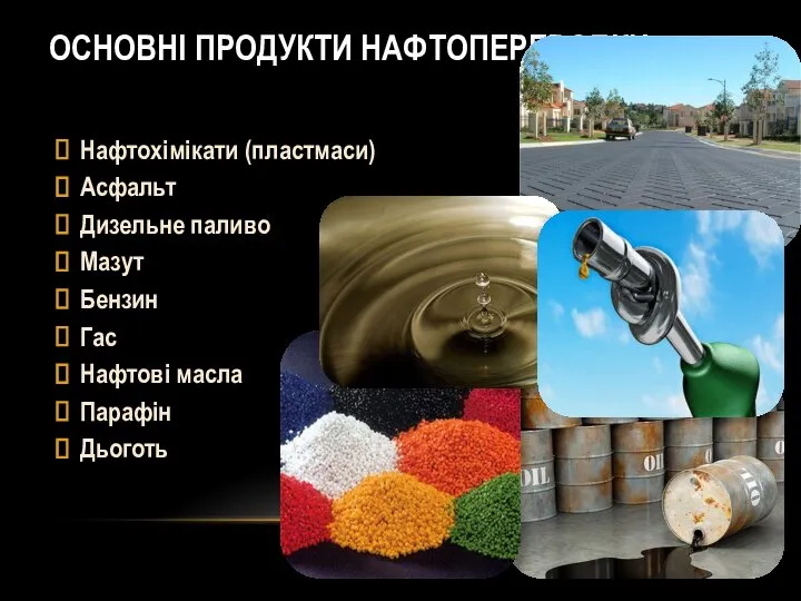 Нафтохімікати (пластмаси) Асфальт Дизельне паливо Мазут Бензин Гас Нафтові масла Парафін Дьоготь Основні продукти нафтопереробки