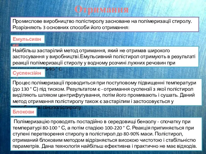 Отримання Промислове виробництво полістиролу засноване на полімеризації стиролу. Розрізняють 3 основних