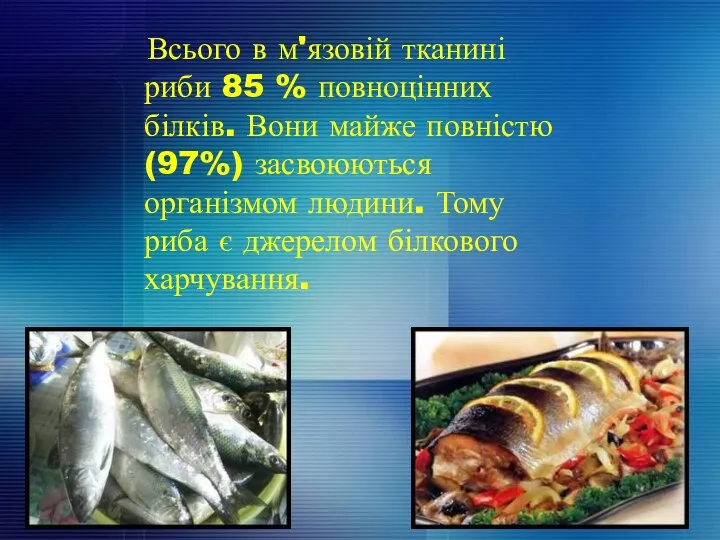 Всього в м'язовій тканині риби 85 % повноцінних білків. Вони майже