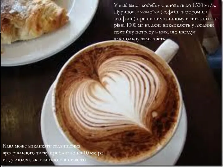 У каві вміст кофеїну становить до 1500 мг/л. Пуринові алкалоїди (кофеїн,