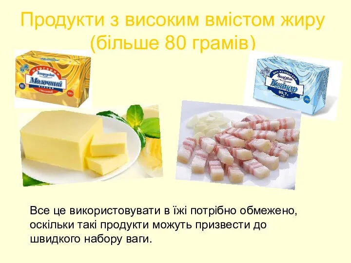 Продукти з високим вмістом жиру (більше 80 грамів) Все це використовувати