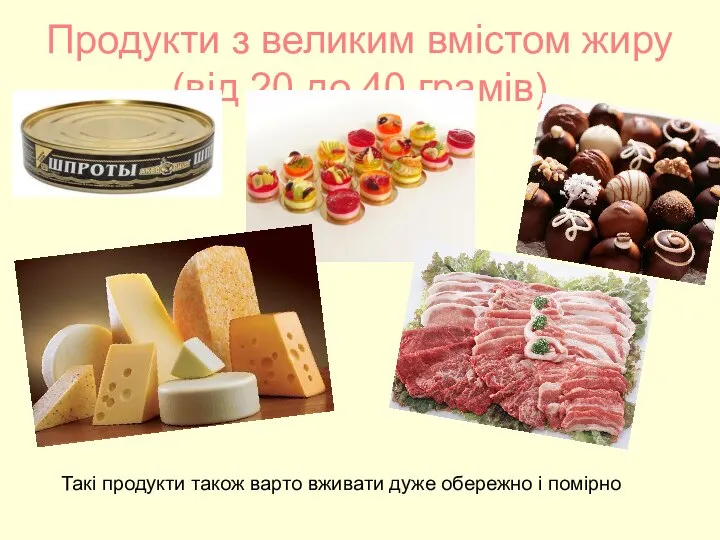 Продукти з великим вмістом жиру (від 20 до 40 грамів) Такі