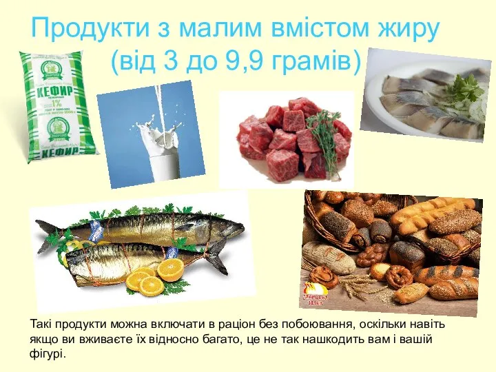 Продукти з малим вмістом жиру (від 3 до 9,9 грамів) Такі