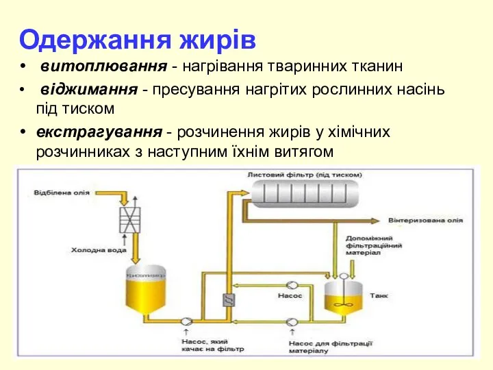 Одержання жирів витоплювання - нагрівання тваринних тканин віджимання - пресування нагрітих