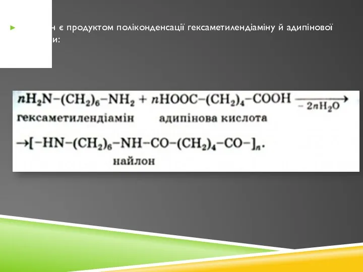 Найлон є продуктом поліконденсації гексаметилендіаміну й адипінової кислоти: