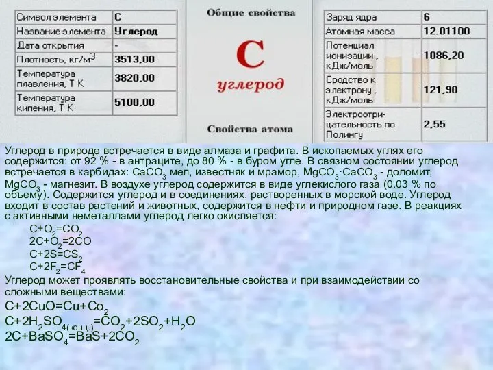 Углерод в природе встречается в виде алмаза и графита. В ископаемых