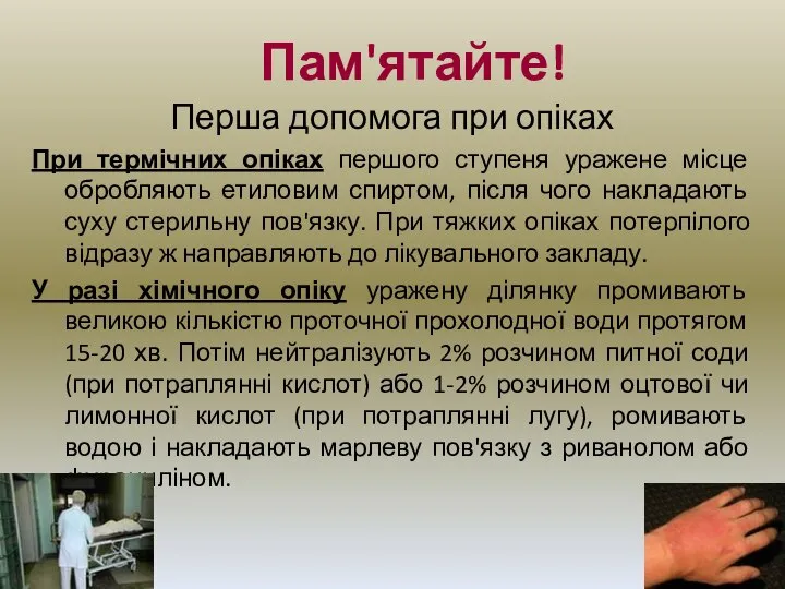 Пам'ятайте! Перша допомога при опіках При термічних опіках першого ступеня уражене