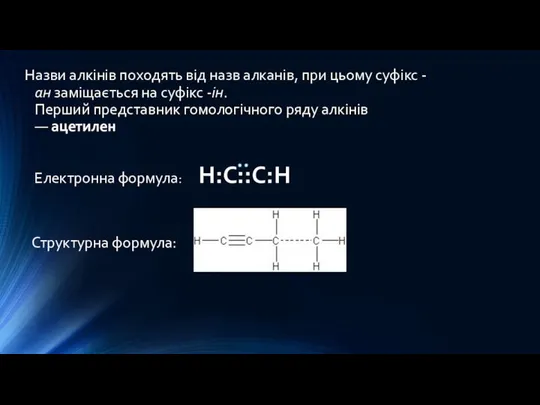 Назви алкінів походять від назв алканів, при цьому суфікс -ан заміщається