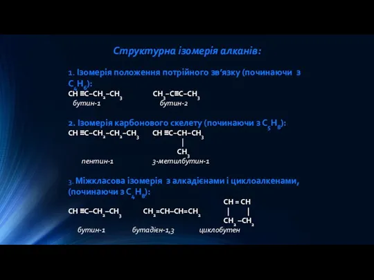 Структурна ізомерія алканів: 1. Ізомерія положення потрійного зв’язку (починаючи з С4Н6):