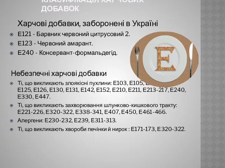 Класифікація харчових добавок Харчові добавки, заборонені в Україні Е121 - Барвник