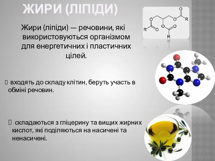 Жири (ЛІПІДИ) Жири (ліпіди) — речовини, які використовуються організмом для енергетичних