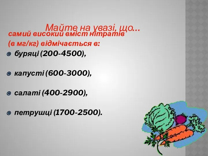 Майте на увазі, що… самий високий вміст нітратів (в мг/кг) відмічається