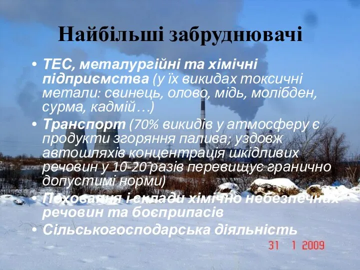 Найбільші забруднювачі ТЕС, металургійні та хімічні підприємства (у їх викидах токсичні