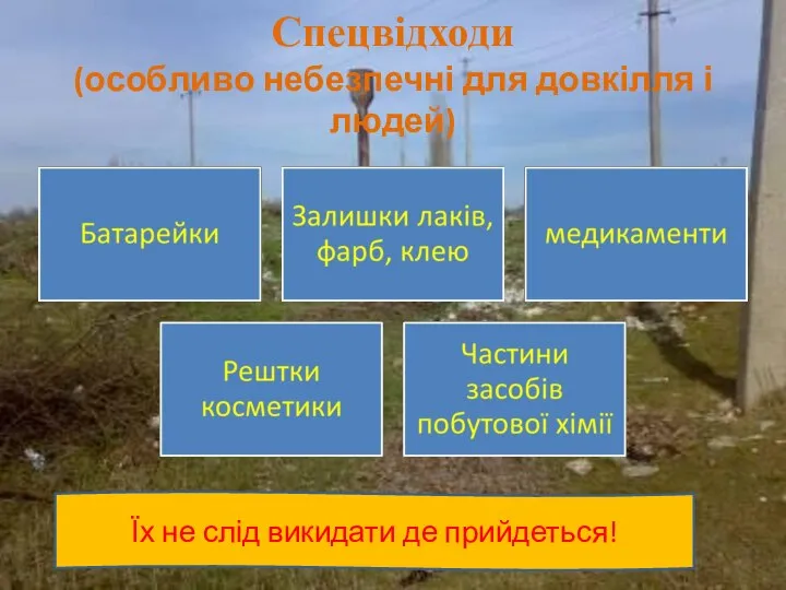 Спецвідходи (особливо небезпечні для довкілля і людей) Їх не слід викидати де прийдеться!