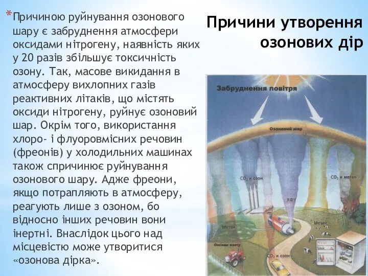 Причини утворення озонових дір Причиною руйнування озонового шару є забруднення атмосфери